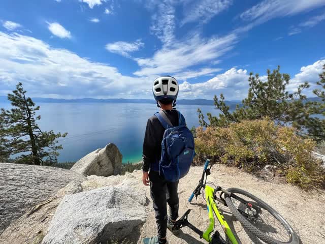 Looking out over Lake Tahoe with a mountain bike