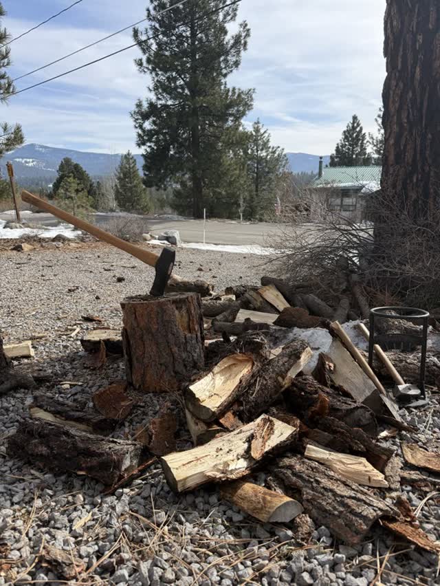 An axe resting in the chopping block beside a pile of fresh splits, mountains behind