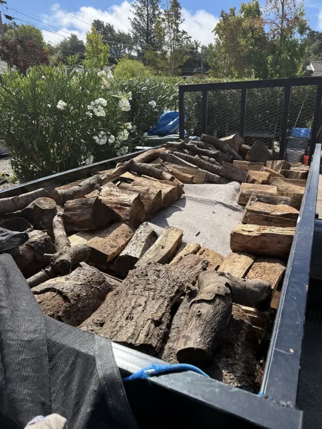 The trailer loaded with oak rounds